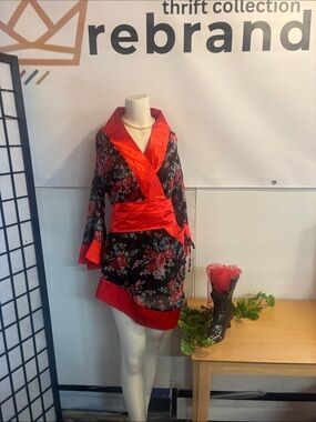 Black Floral Kimono Dress with Red Satin Trim